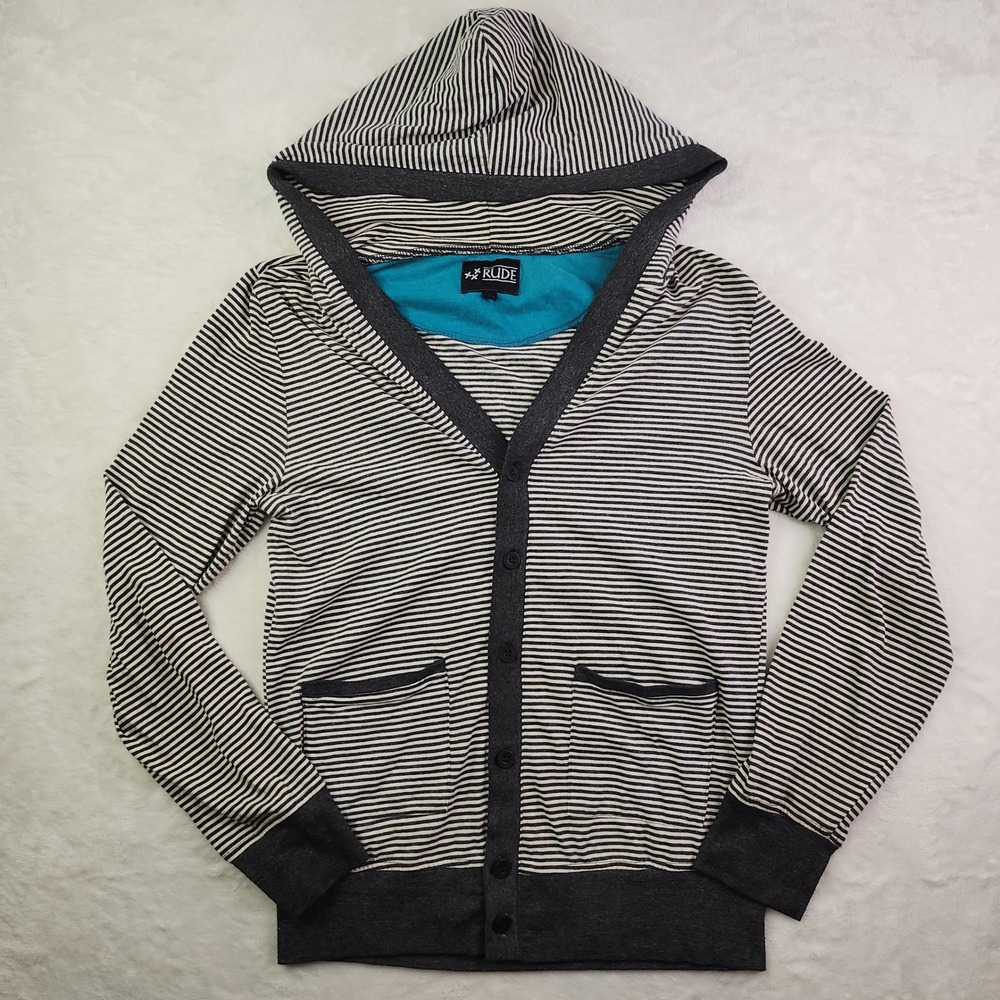 Vintage Y2K RUDE Hot Topic Scene Hooded Cardigan Sweater Medium Striped Emo